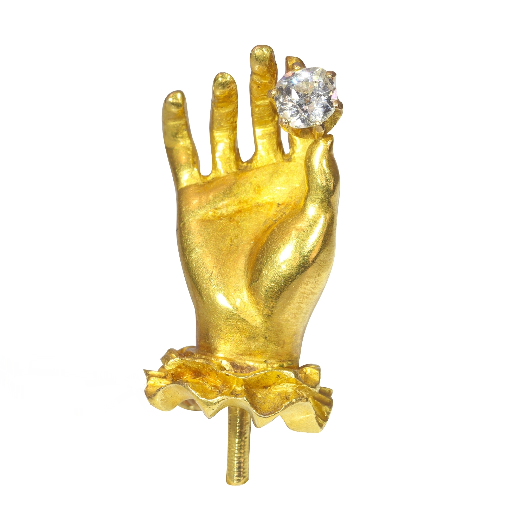Antique 18K yellow gold tiepin hand holding an old mine cut diamond